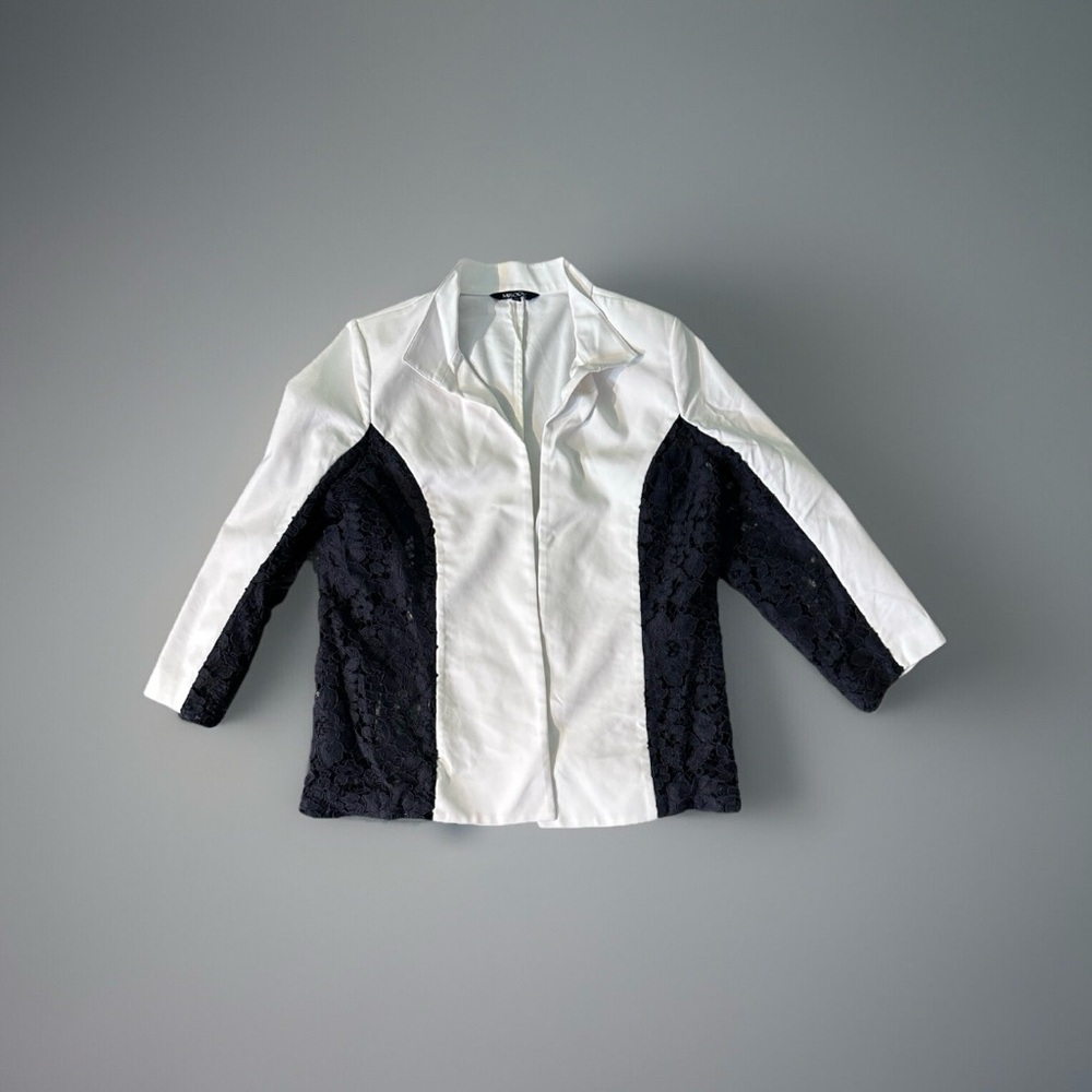 Misook Blazer Women‎ Medium White Black Croquet Sheer Knit Padded Career